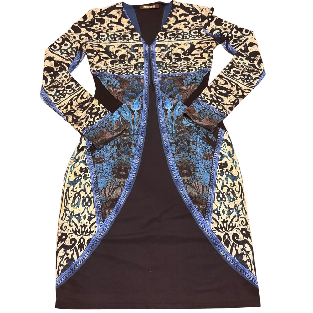 Roberto Cavalli Italy 42 Blue Black Baroque Animal Print Long Sleeve Midi Dress